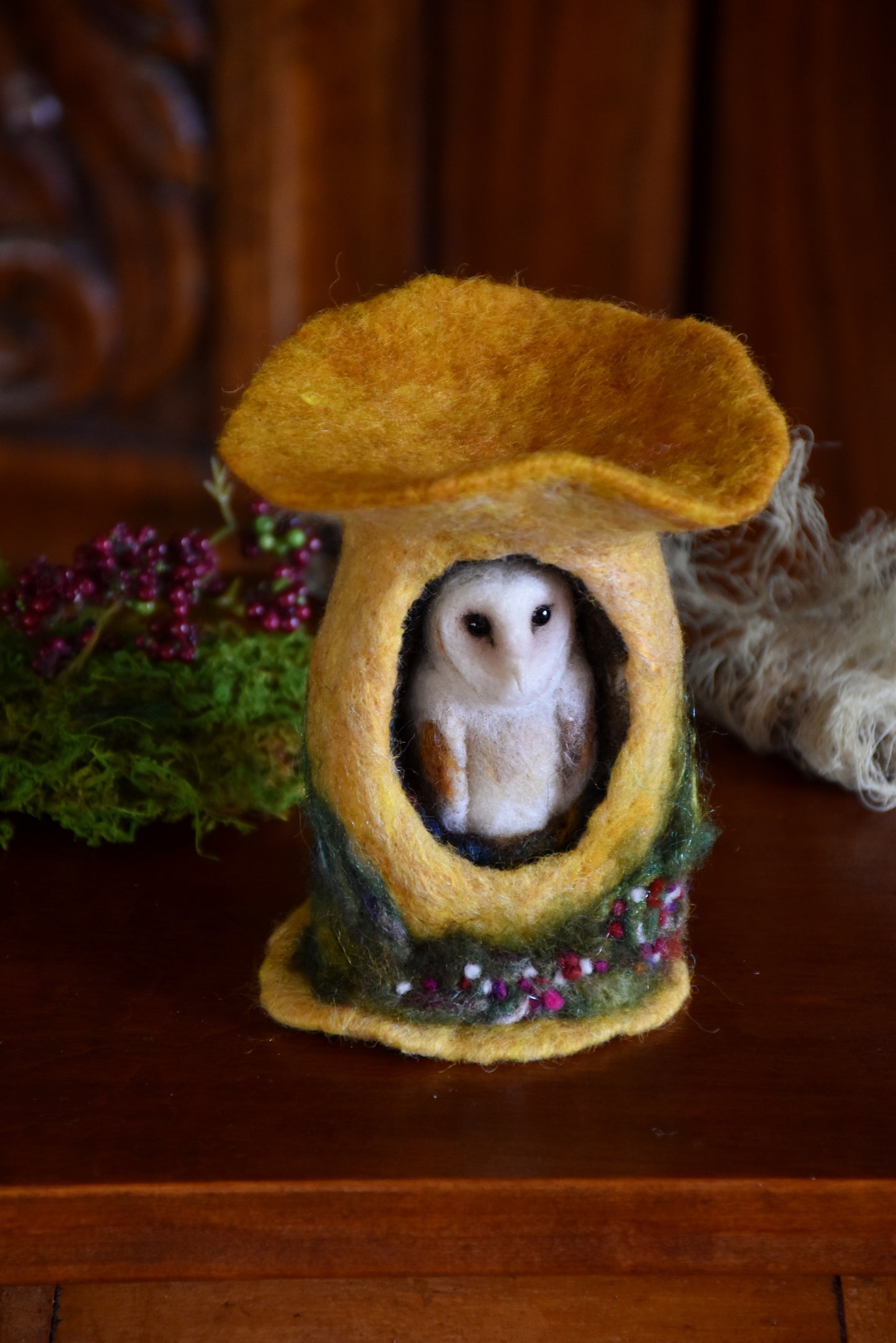 Needle Felted Barn Owl sleeping inside Mushroom