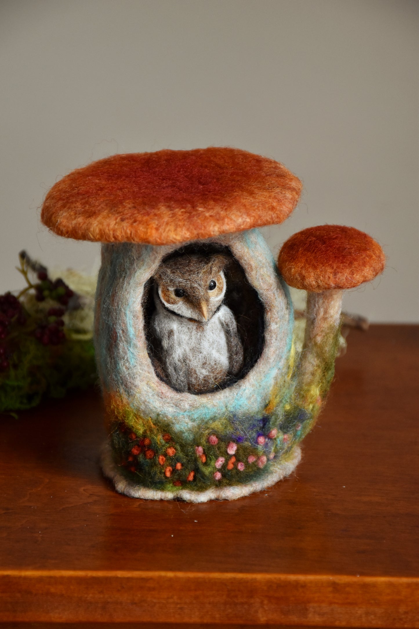 Needle Felted Barn Owl sleeping inside Mushroom