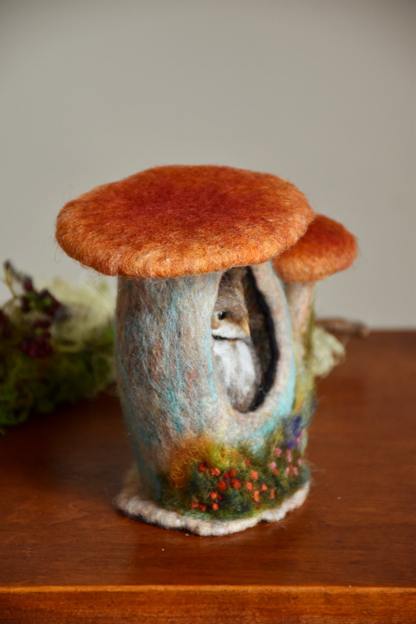 Needle Felted Barn Owl sleeping inside Mushroom