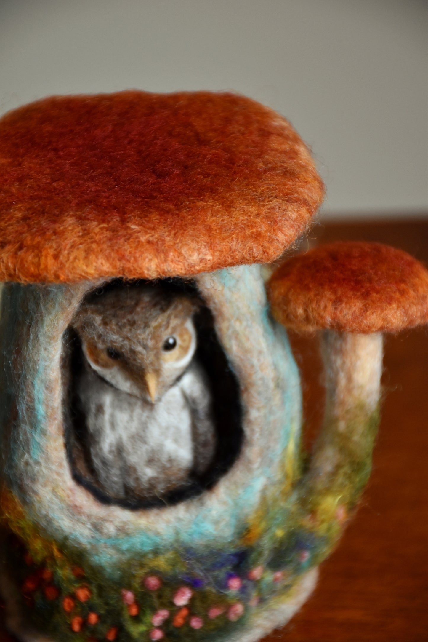 Needle Felted Barn Owl sleeping inside Mushroom