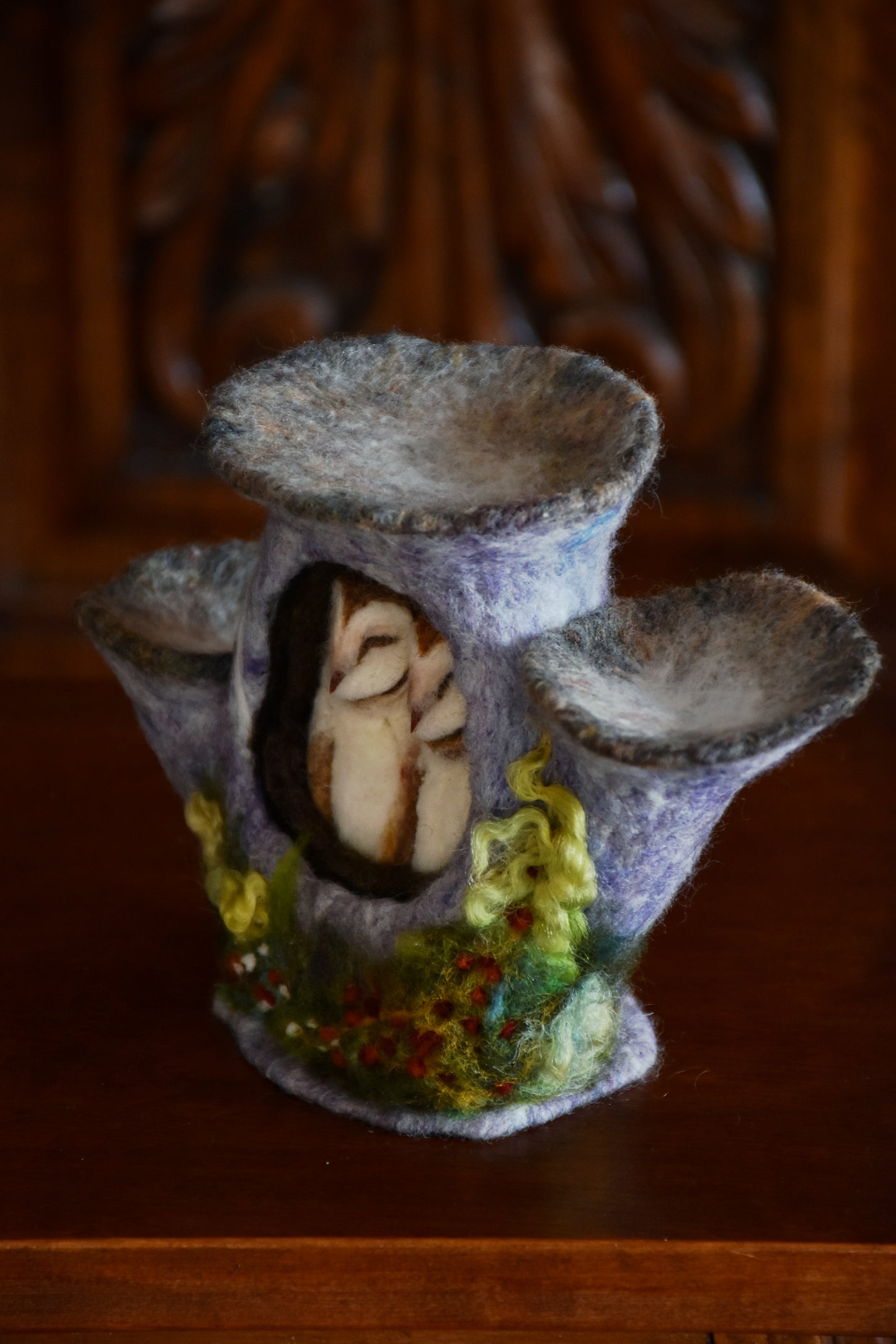 Needle Felted Couple of Barn Owls sleeping inside Mushroom