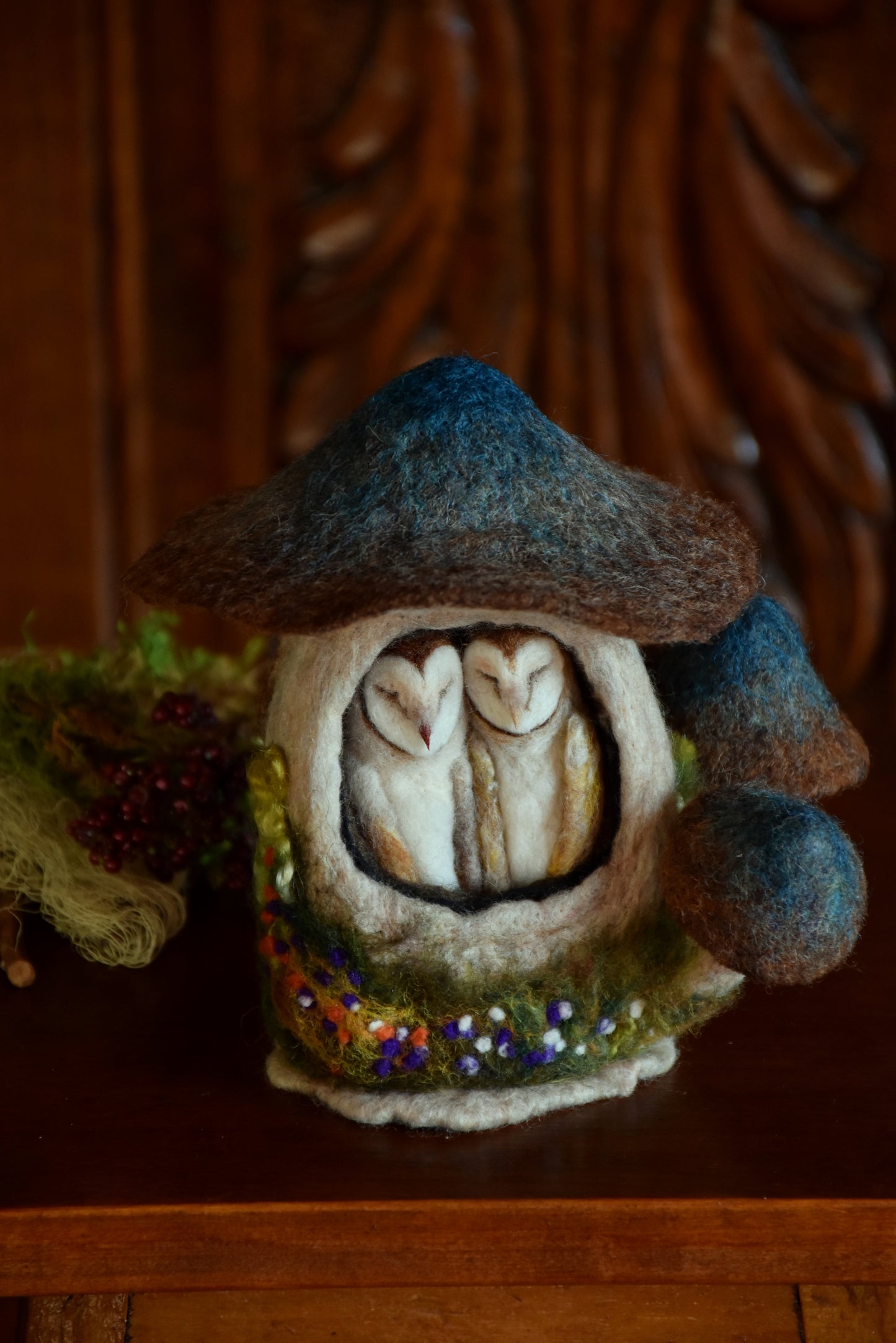 Needle Felted Couple of Barn Owls sleeping inside Mushroom