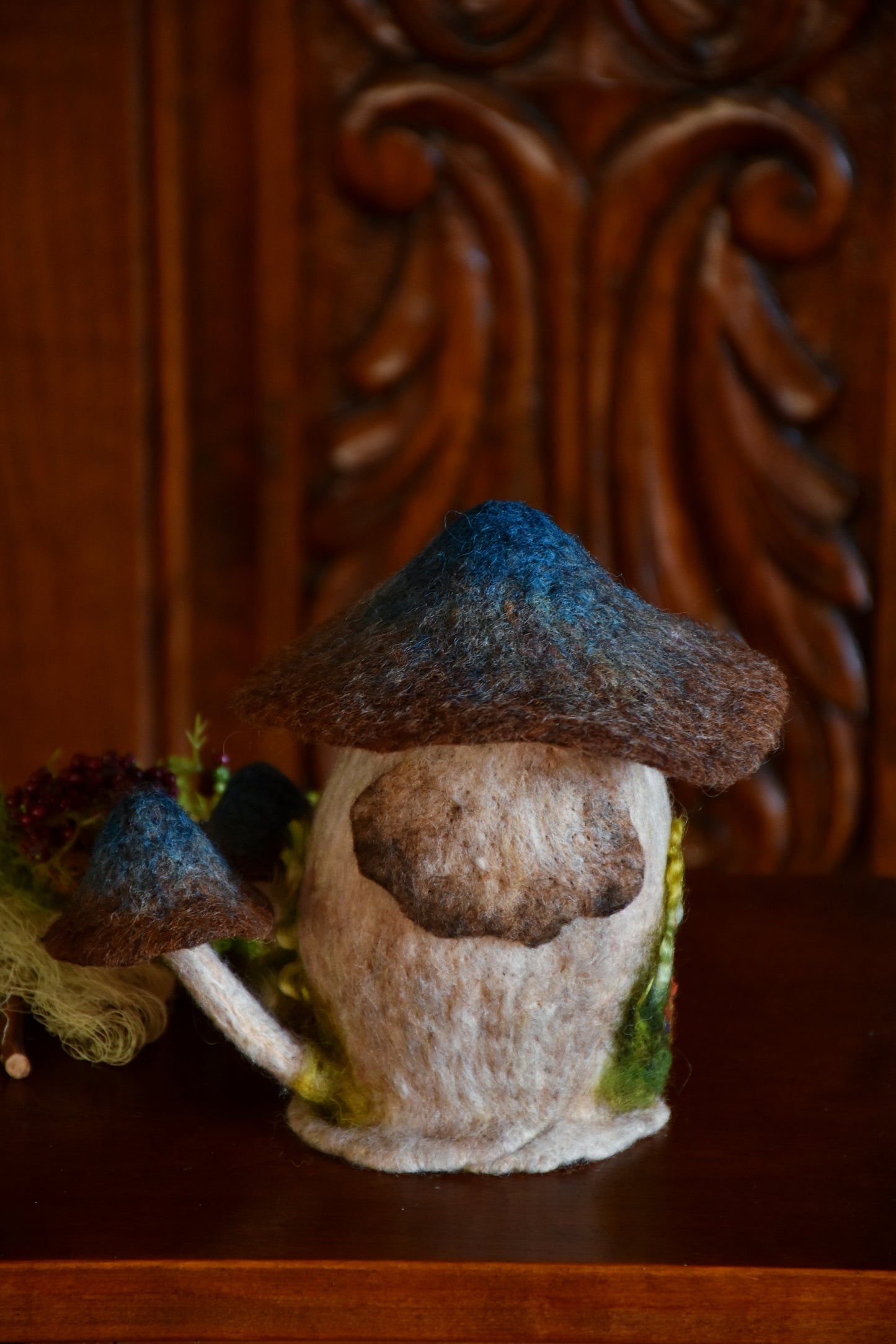 Needle Felted Couple of Barn Owls sleeping inside Mushroom