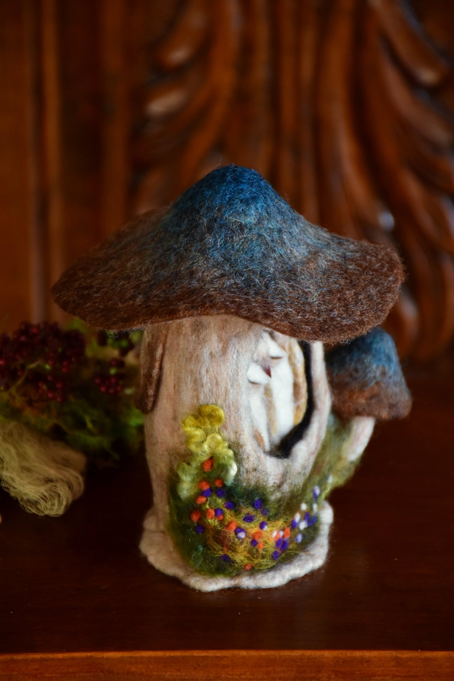 Needle Felted Couple of Barn Owls sleeping inside Mushroom