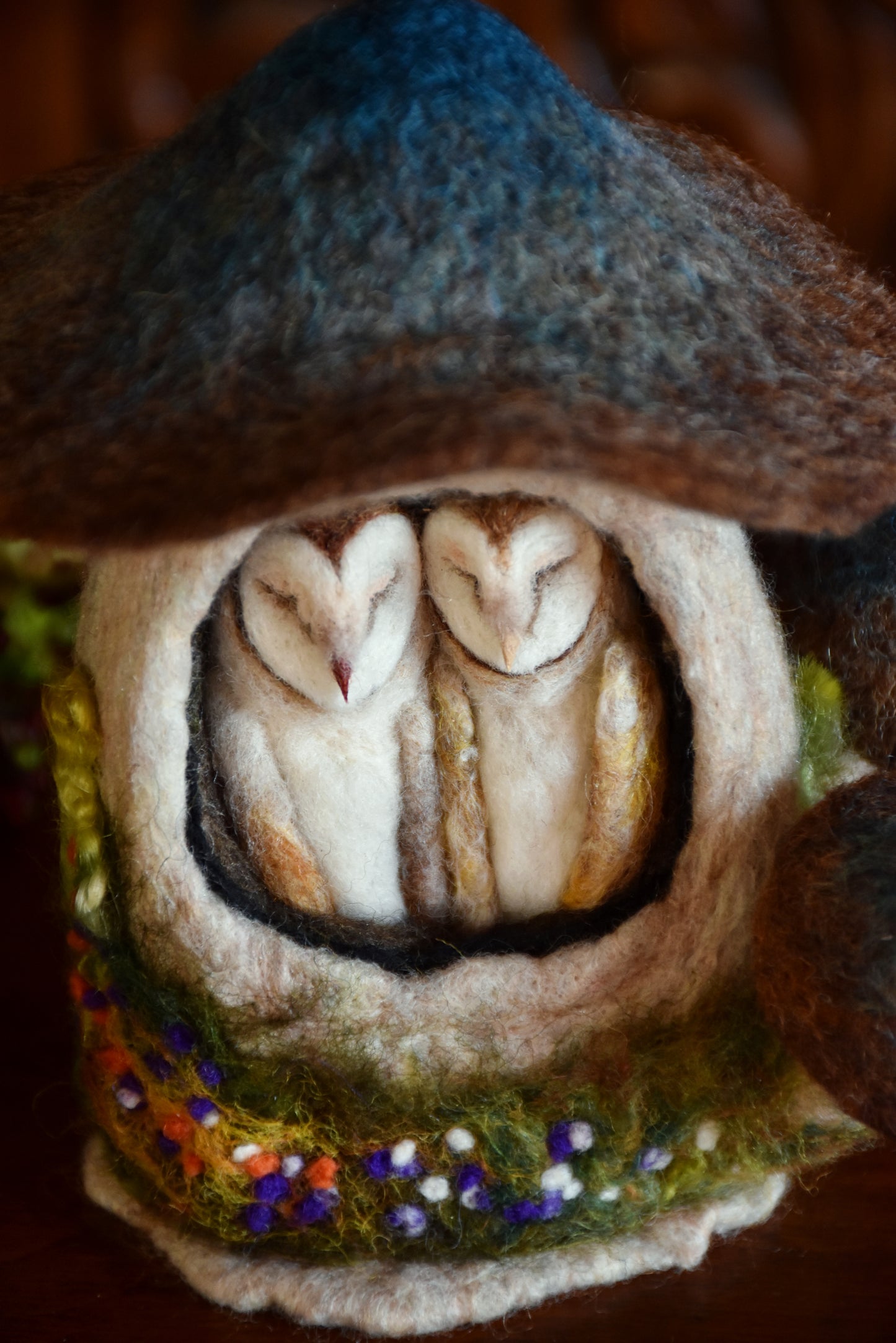 Needle Felted Couple of Barn Owls sleeping inside Mushroom