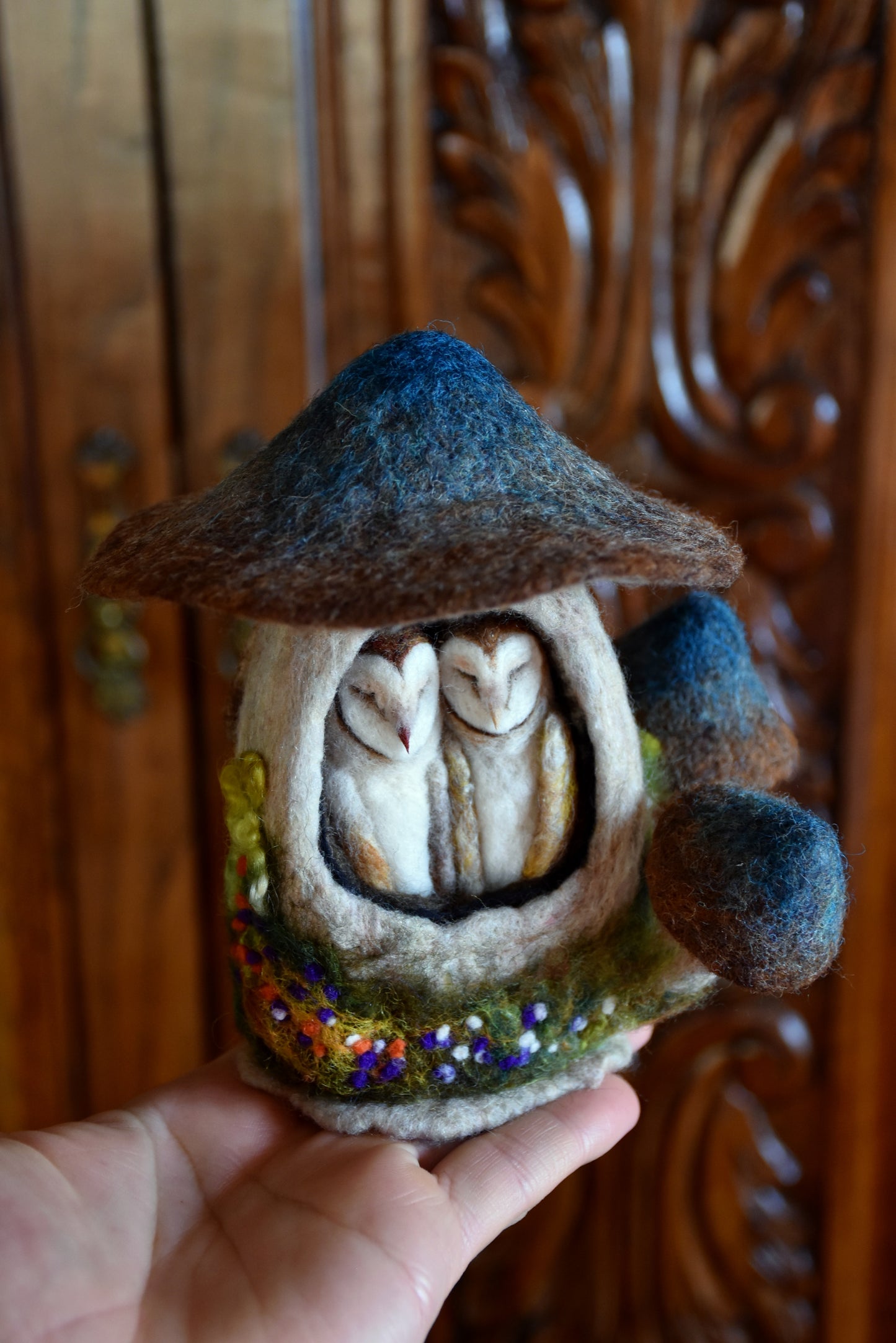 Needle Felted Couple of Barn Owls sleeping inside Mushroom