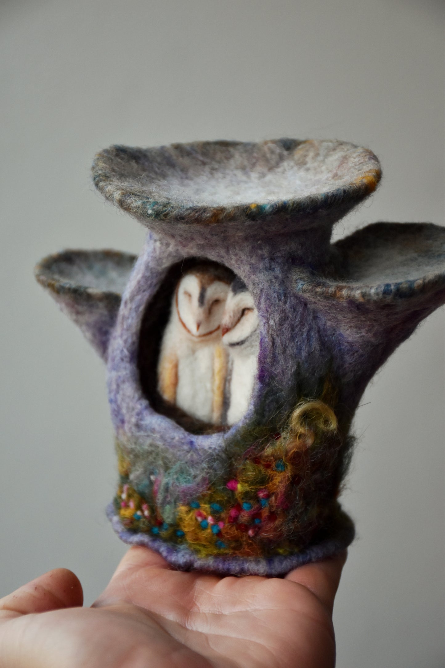 Needle Felted Couple of Barn Owls sleeping inside Mushroom