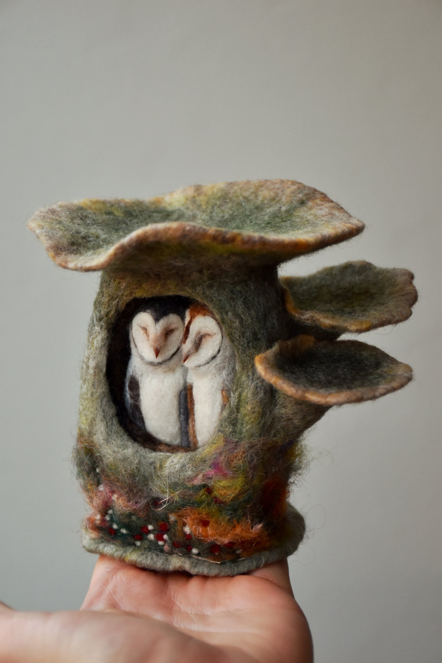 Needle Felted Couple of Barn Owls sleeping inside Mushroom