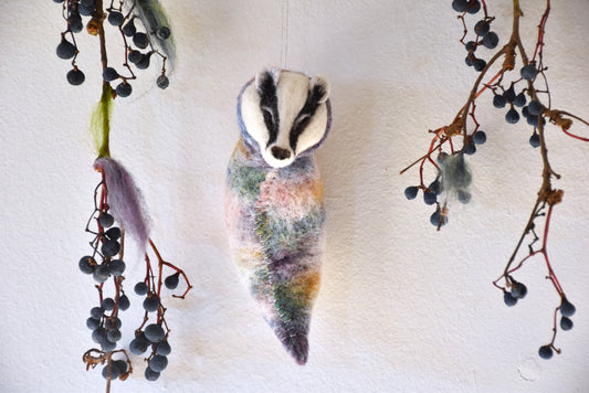 Needle Felted Baby Badger wrapped in blanket (Hang-able)