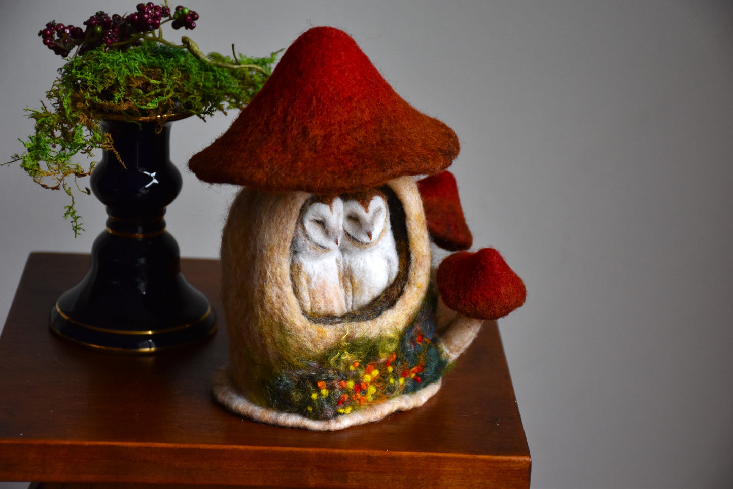 Needle Felted Couple of Barn Owls sleeping inside Mushroom