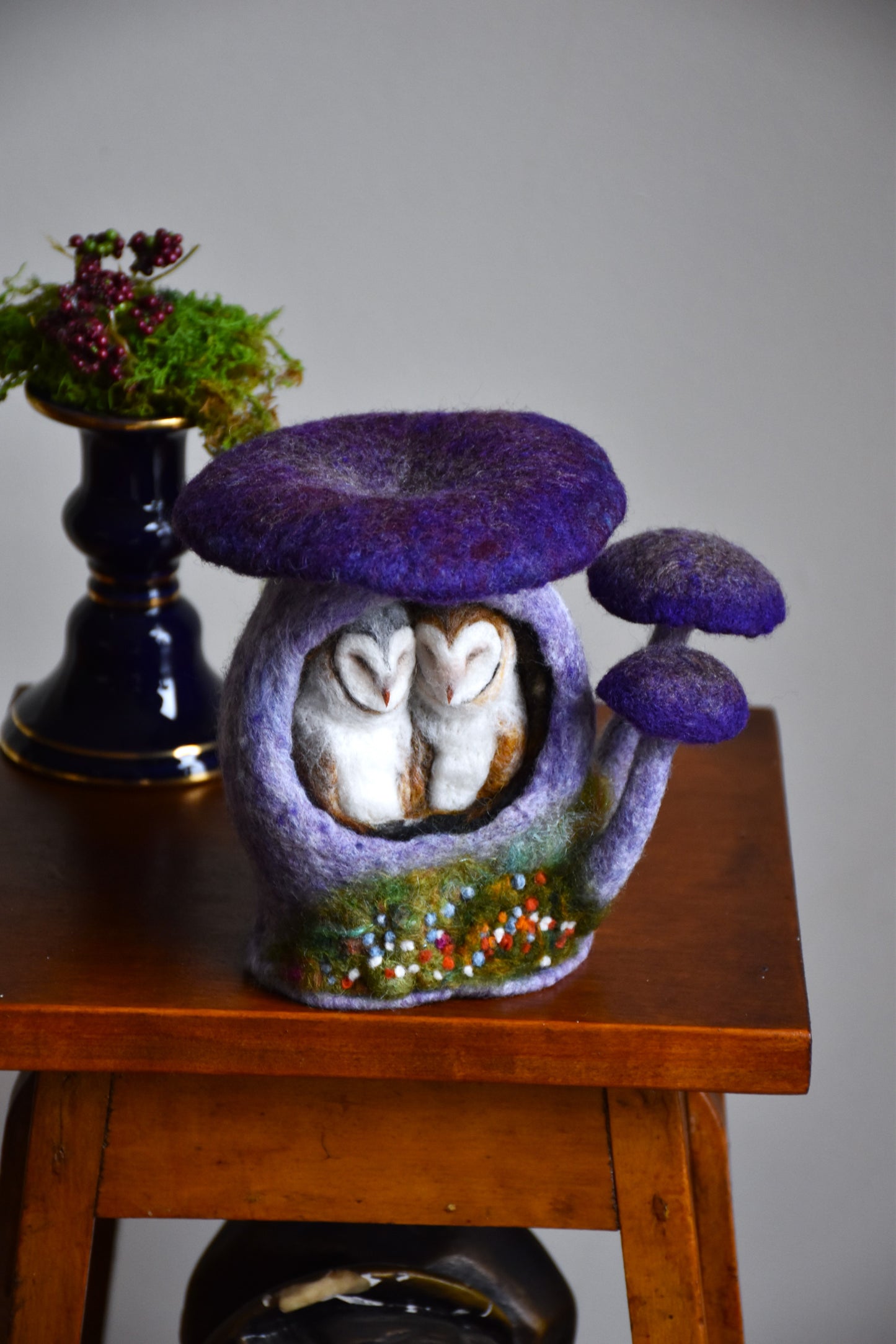 Needle Felted Couple of Barn Owls sleeping inside Mushroom