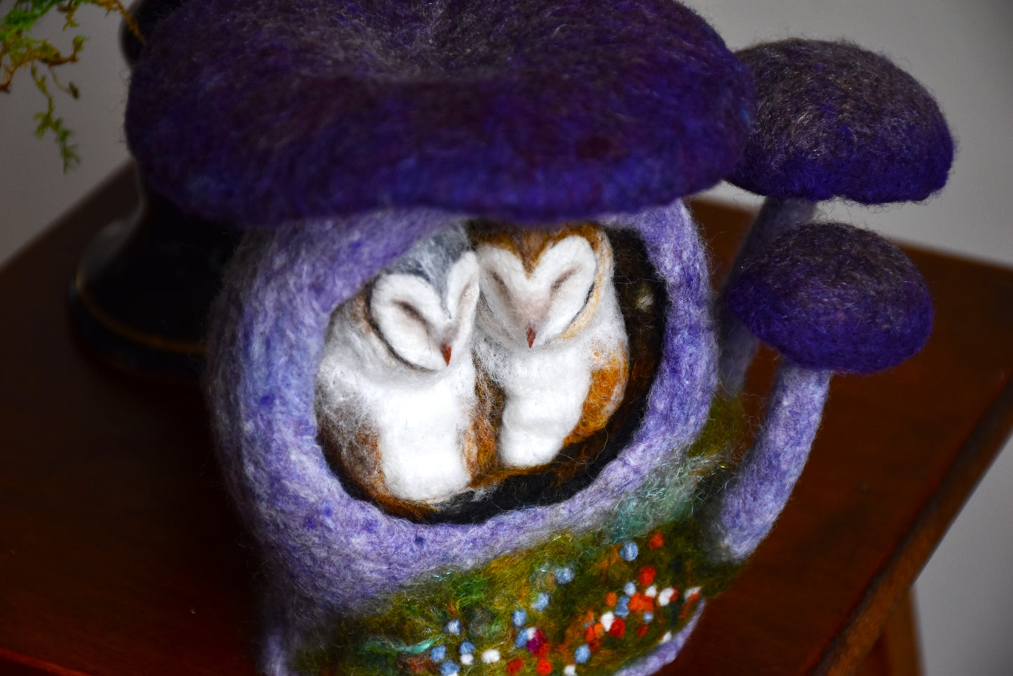 Needle Felted Couple of Barn Owls sleeping inside Mushroom