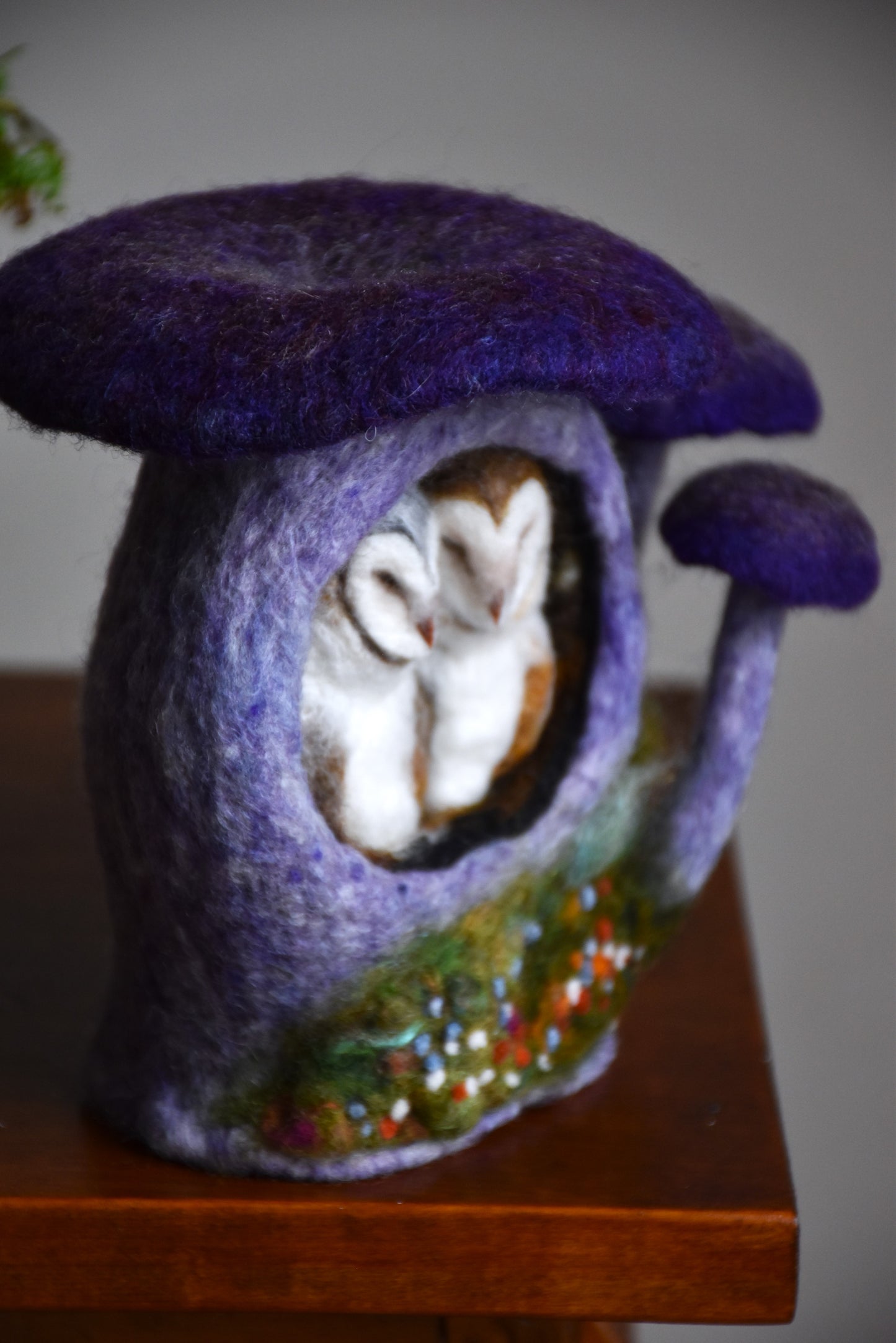 Needle Felted Couple of Barn Owls sleeping inside Mushroom