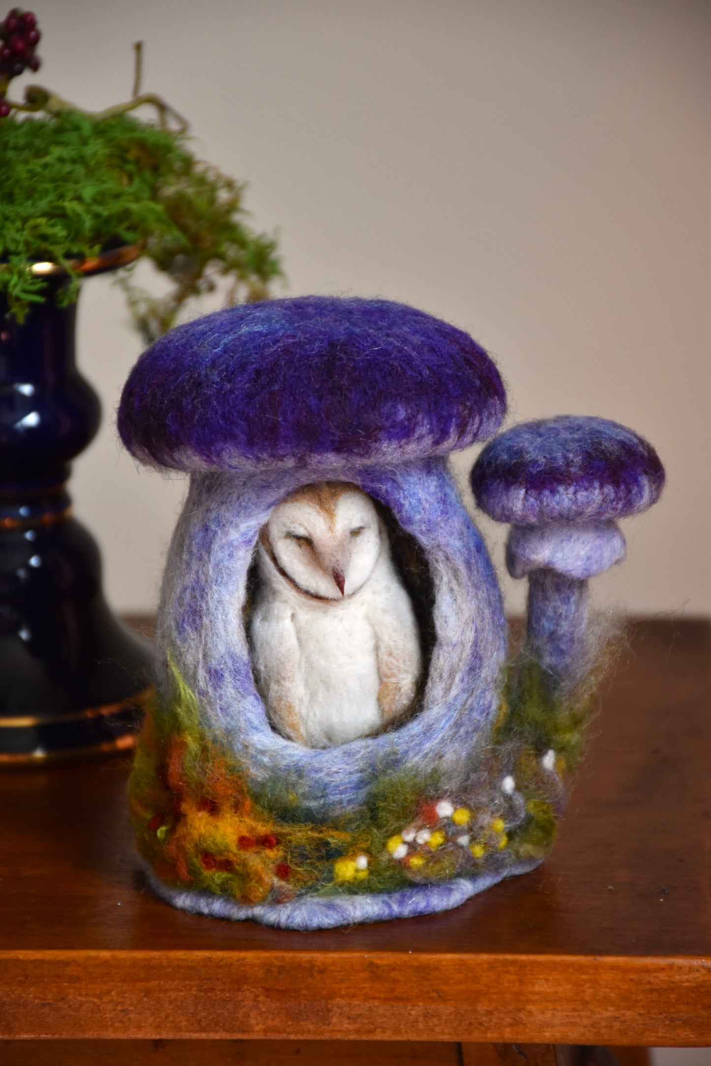 Needle Felted Barn Owl sleeping inside Mushroom