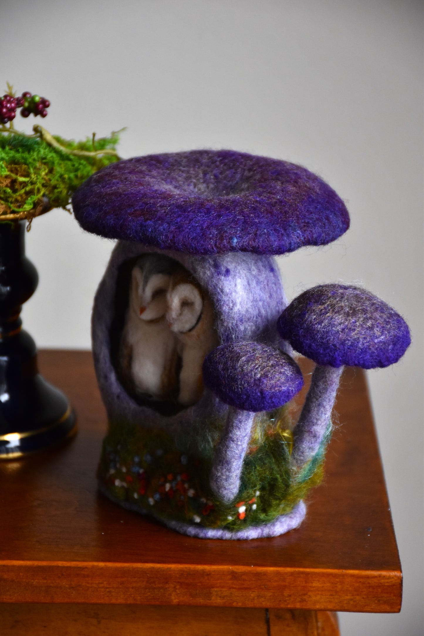 Needle Felted Couple of Barn Owls sleeping inside Mushroom