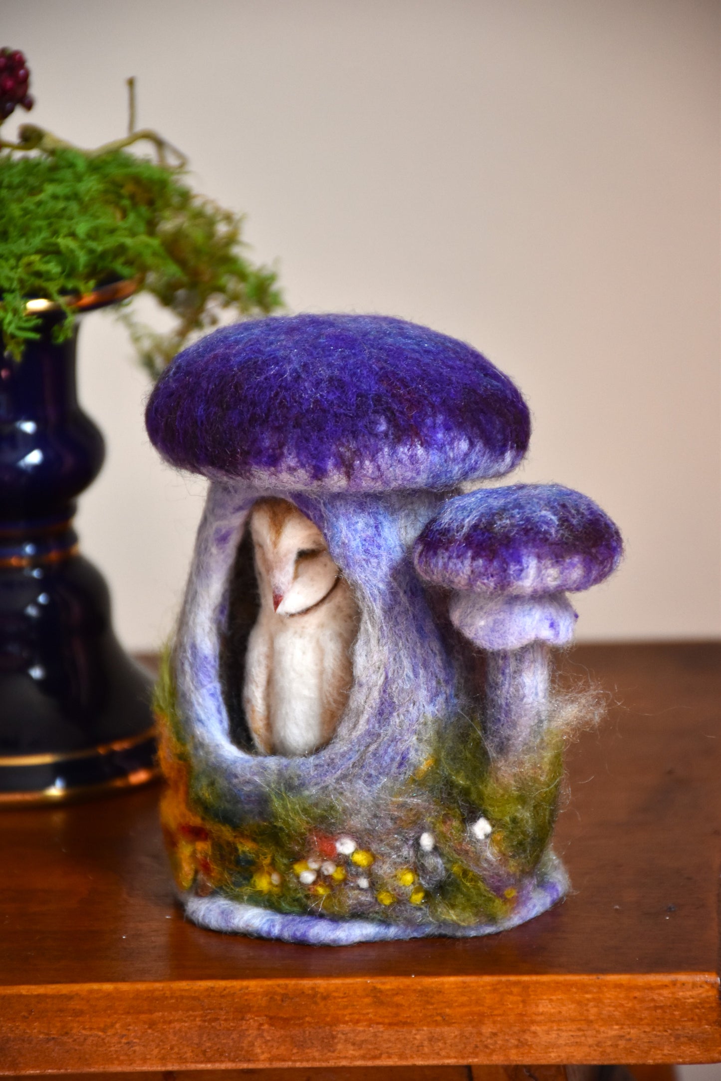 Needle Felted Barn Owl sleeping inside Mushroom