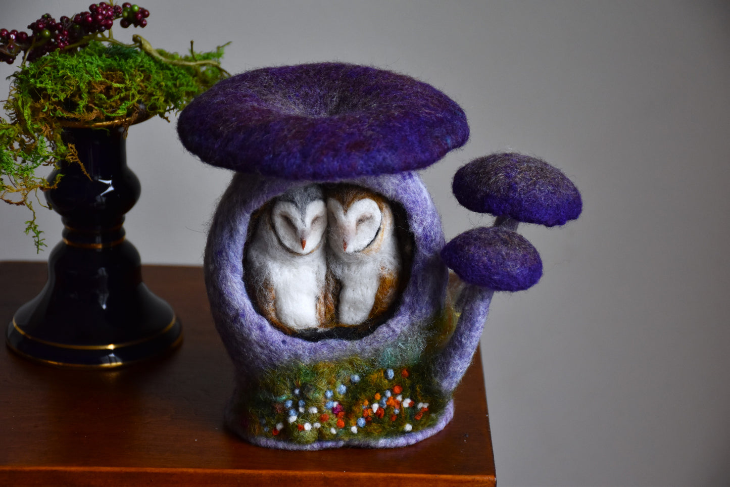 Needle Felted Couple of Barn Owls sleeping inside Mushroom