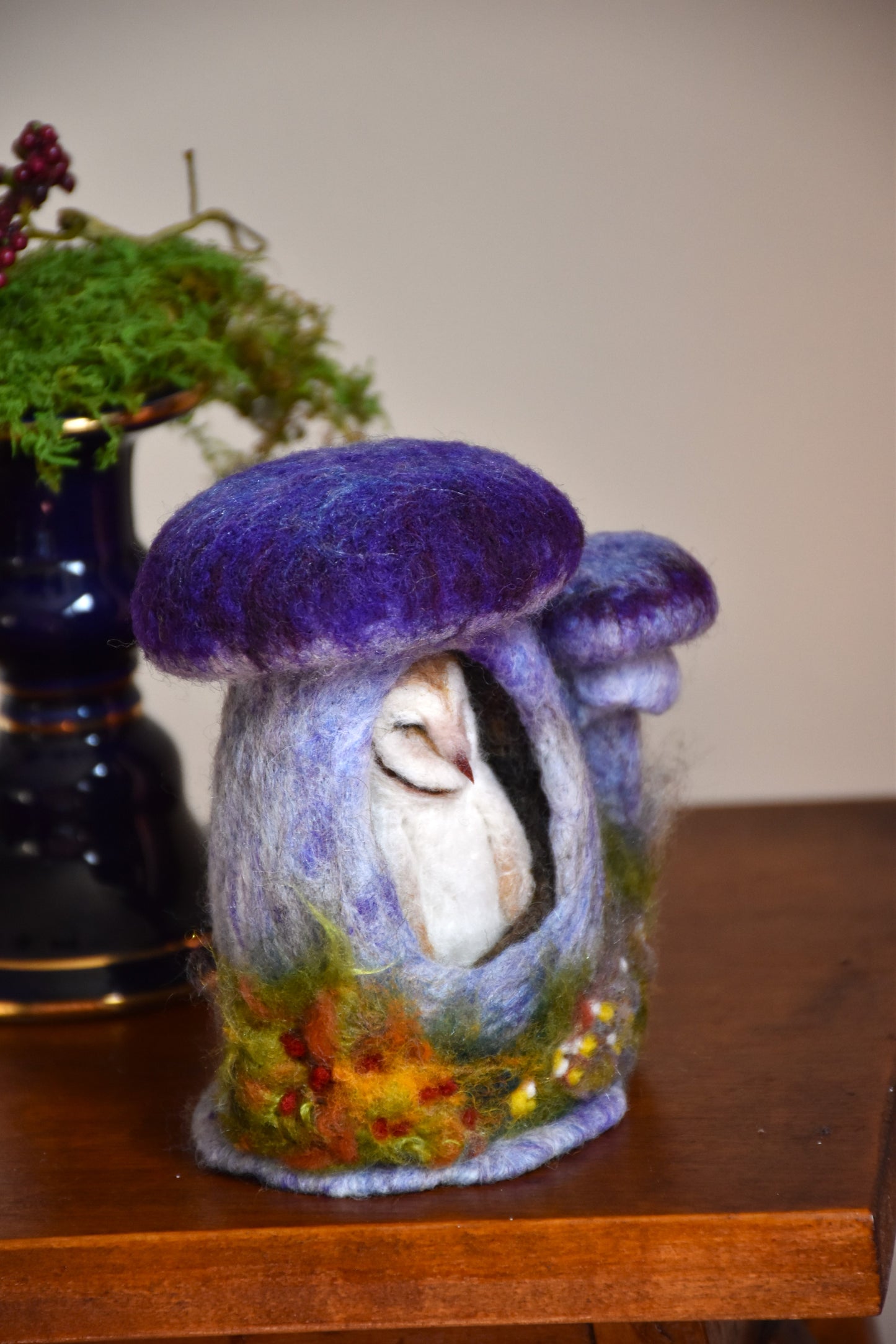 Needle Felted Barn Owl sleeping inside Mushroom