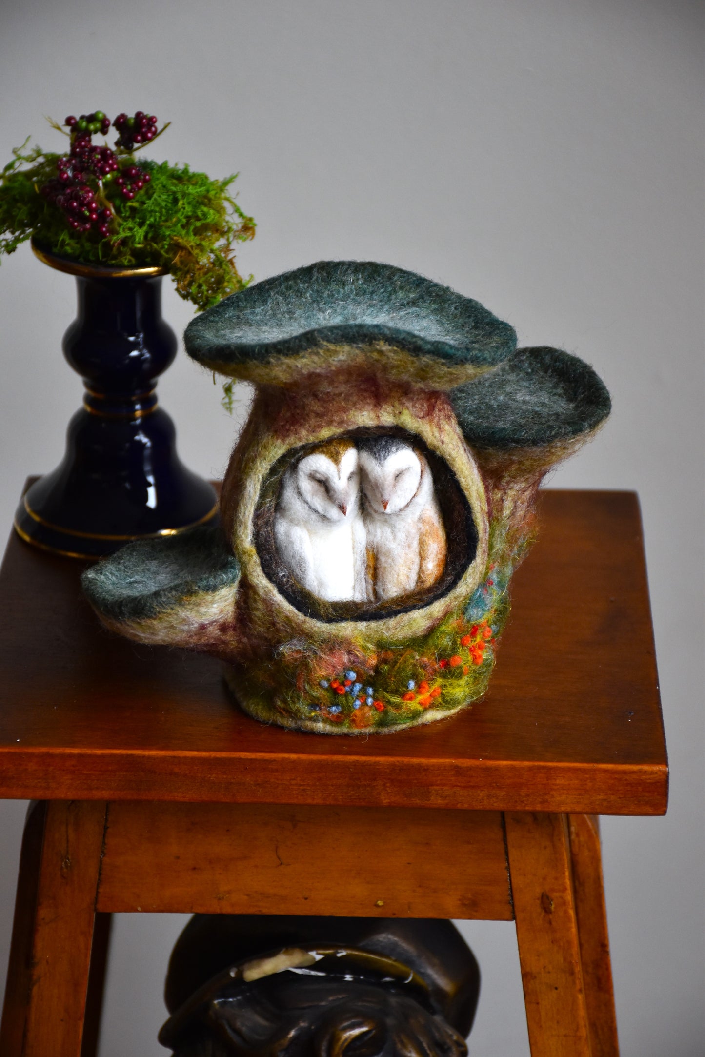 Needle Felted Couple of Barn Owls sleeping inside Mushroom