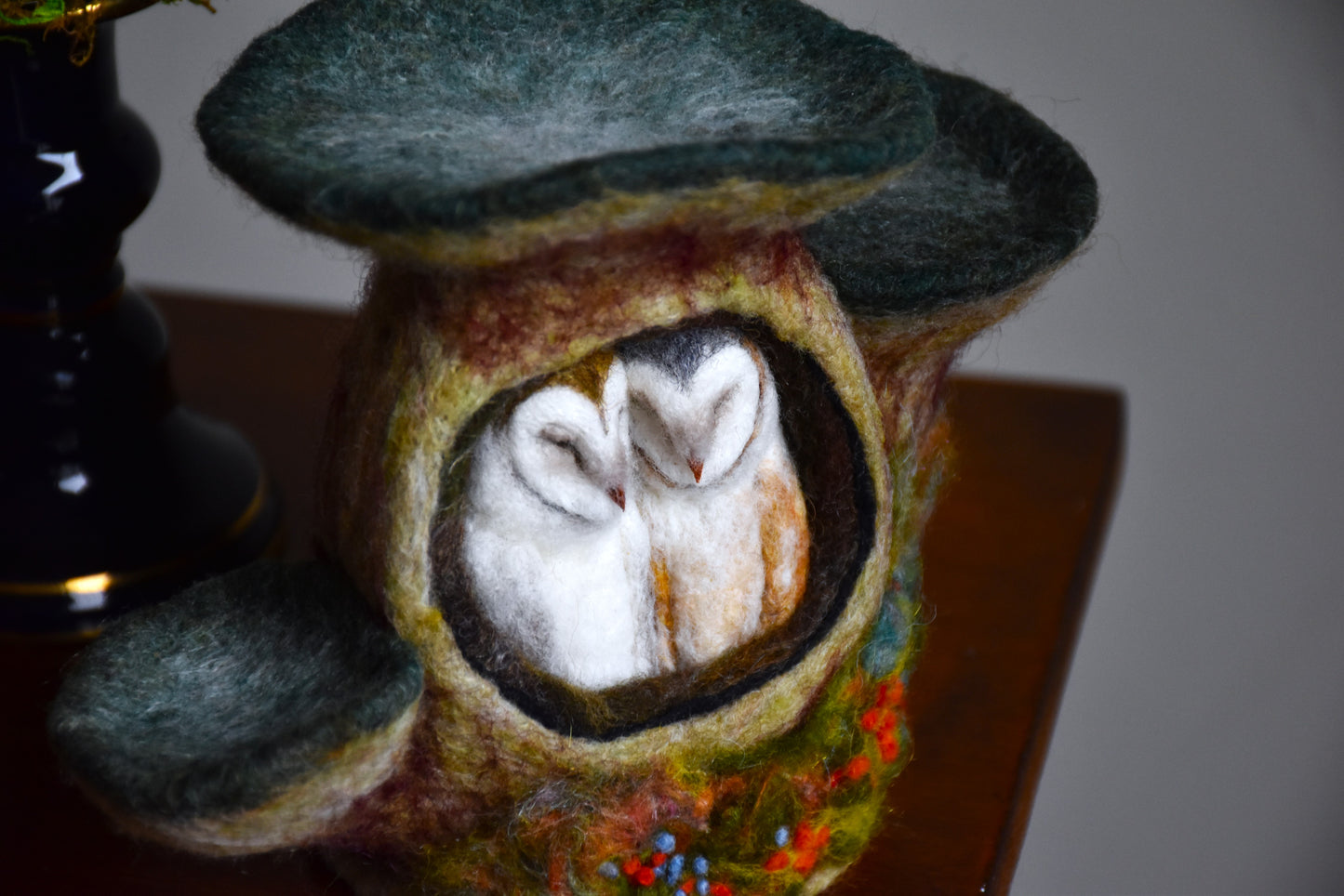 Needle Felted Couple of Barn Owls sleeping inside Mushroom