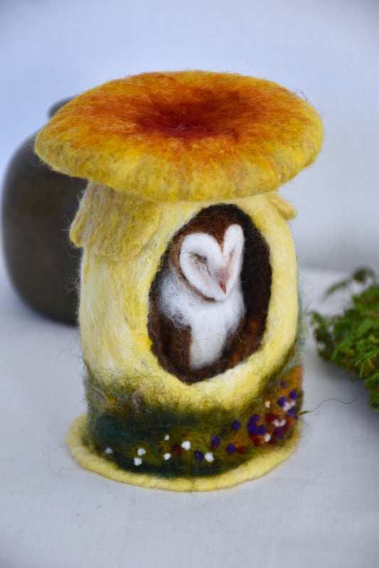 Needle Felted Barn Owl sleeping inside Mushroom