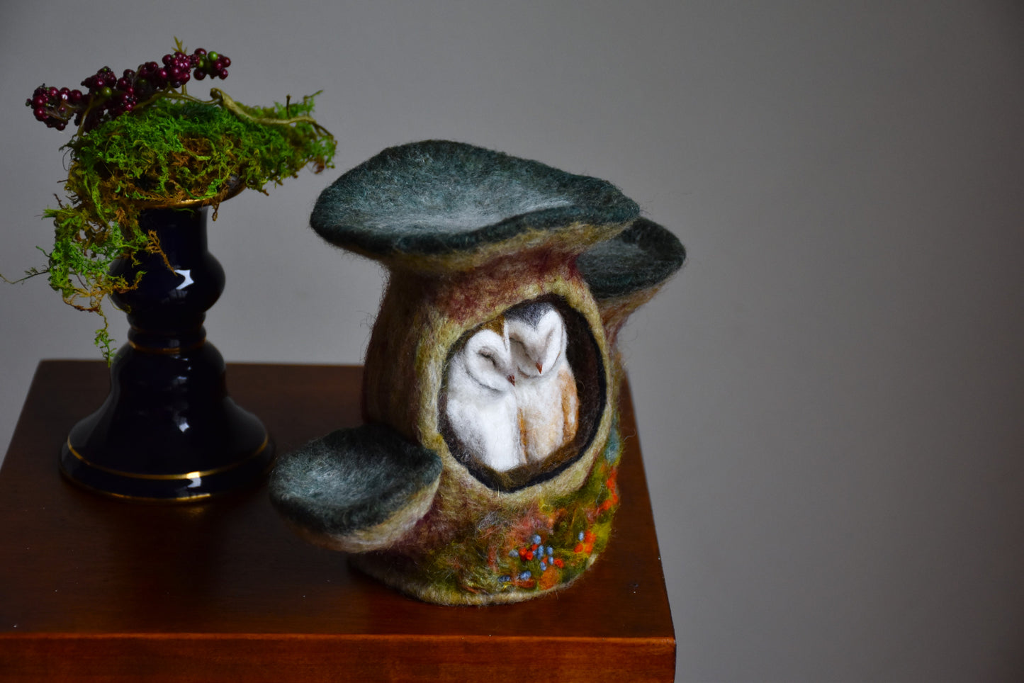 Needle Felted Couple of Barn Owls sleeping inside Mushroom