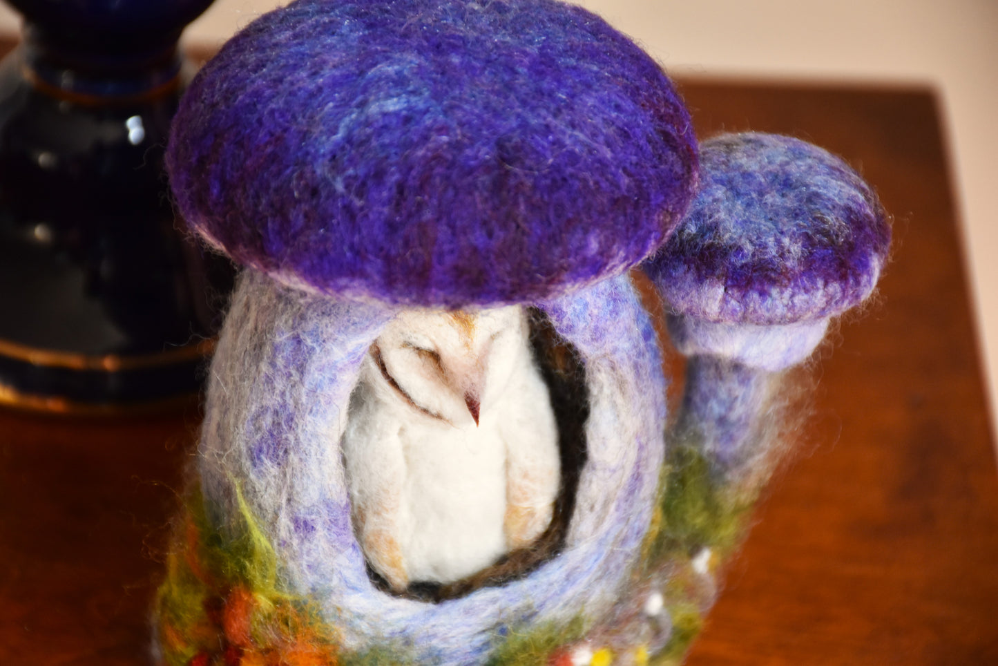 Needle Felted Barn Owl sleeping inside Mushroom