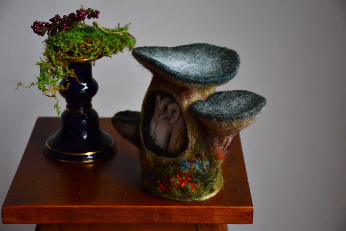 Needle Felted Couple of Barn Owls sleeping inside Mushroom