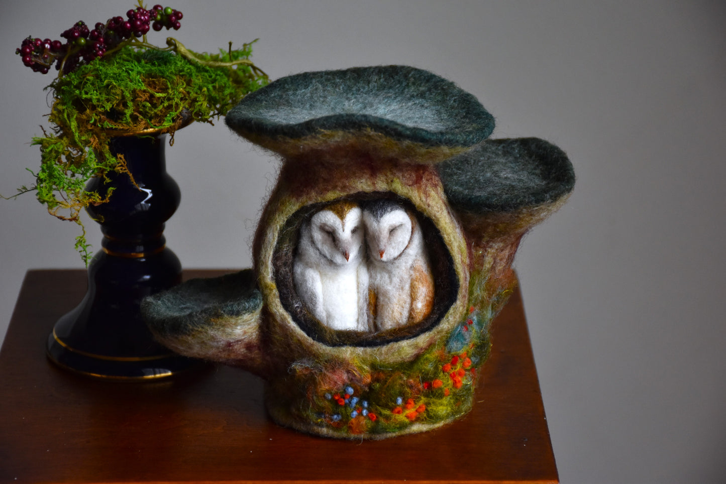 Needle Felted Couple of Barn Owls sleeping inside Mushroom