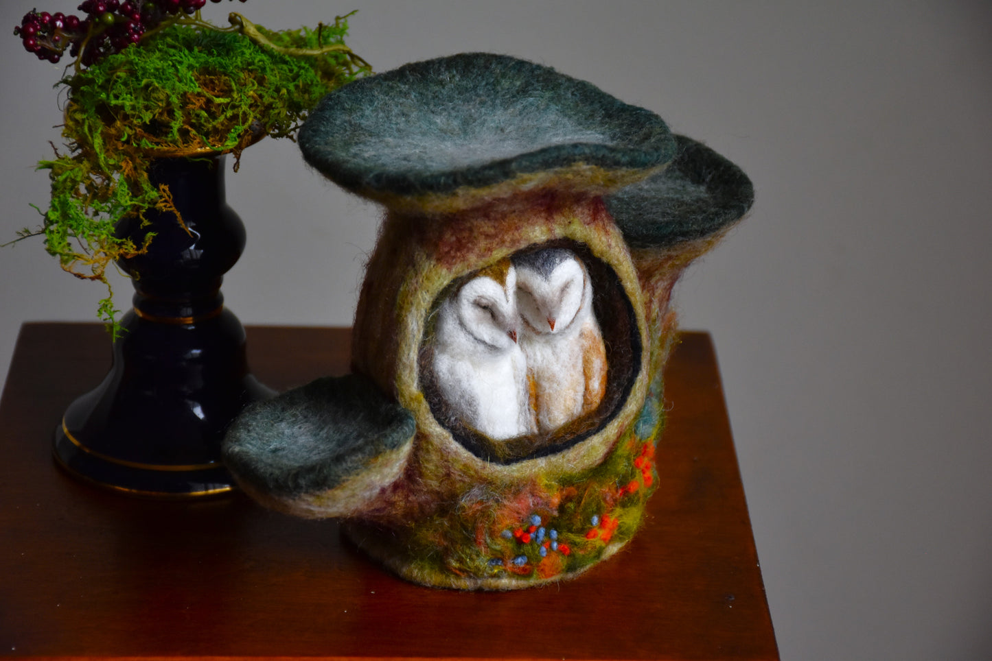 Needle Felted Couple of Barn Owls sleeping inside Mushroom