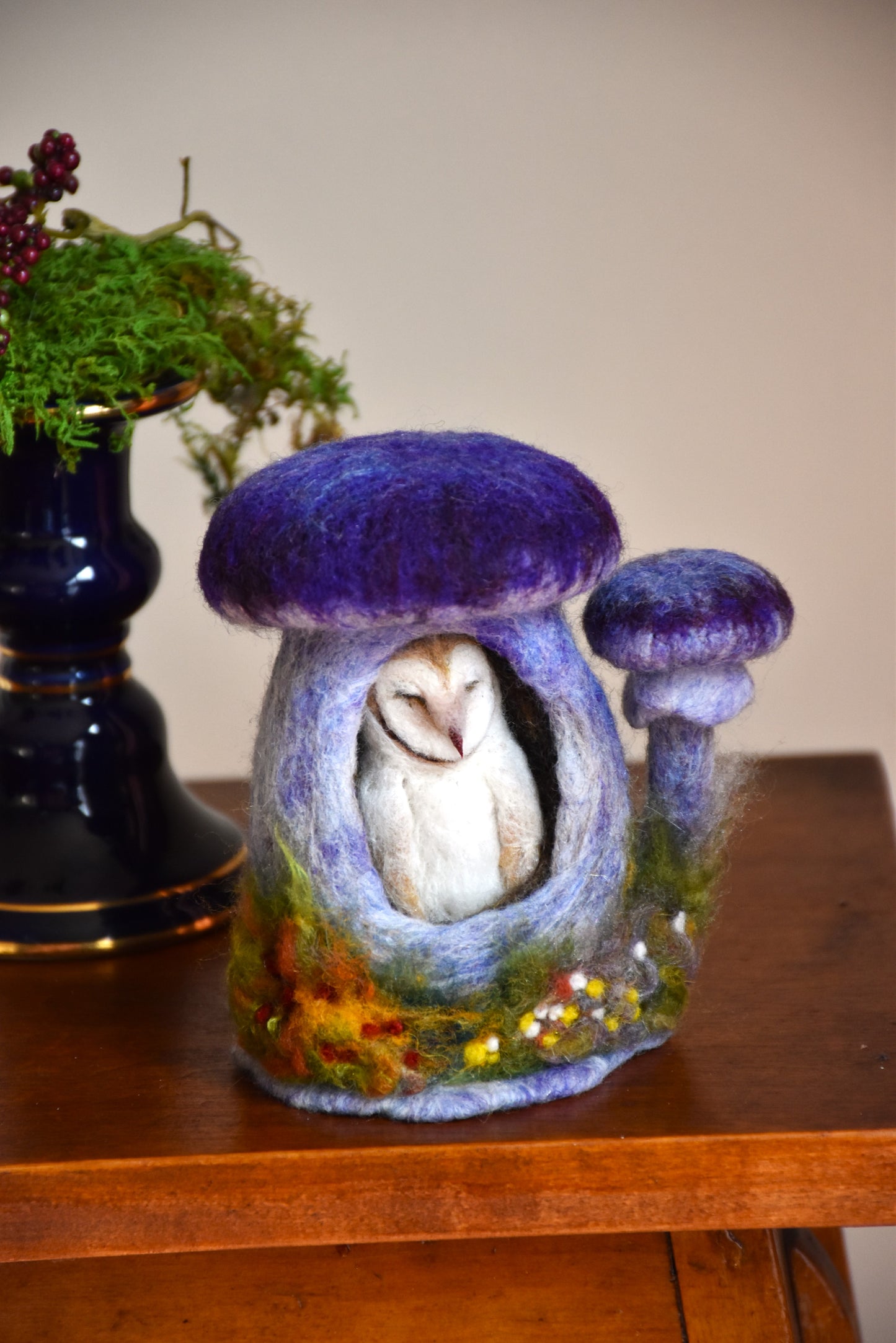 Needle Felted Barn Owl sleeping inside Mushroom