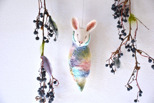 Needle Felted Bunny wrapped in blanket (Hang-able)