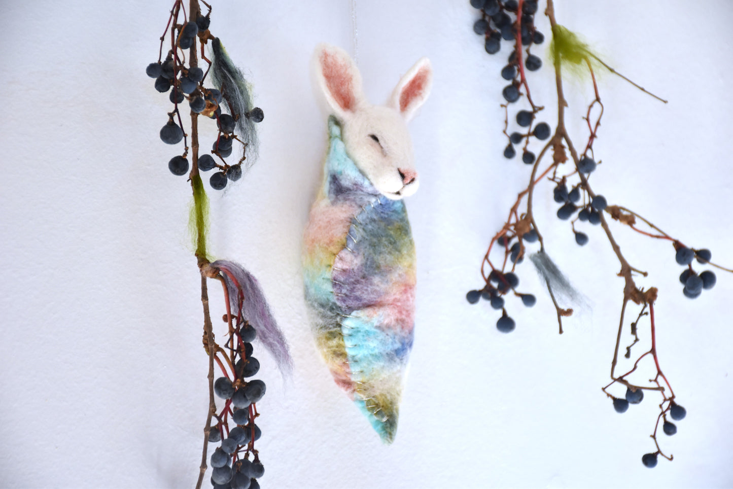 Needle Felted Bunny wrapped in blanket (Hang-able)