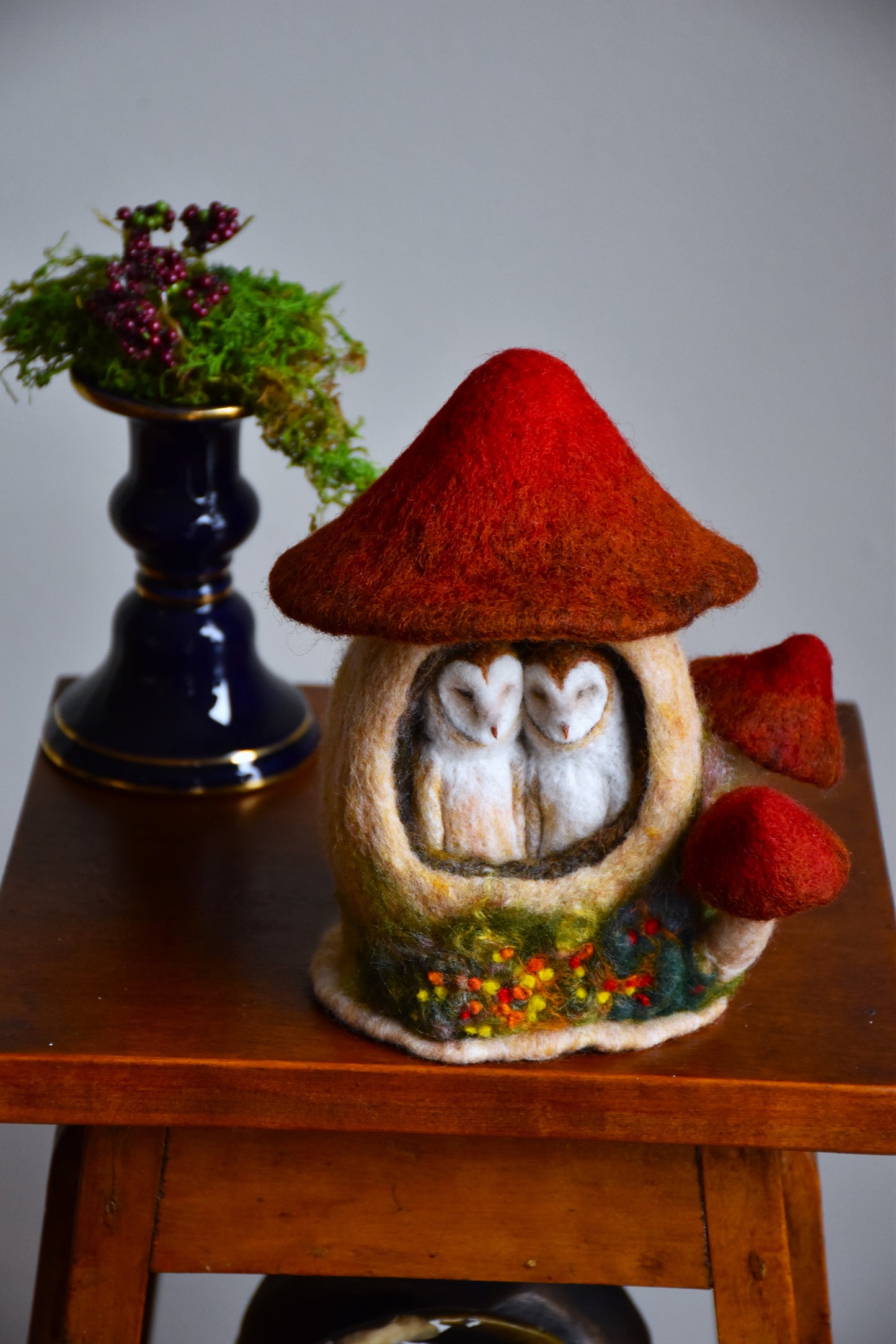 Needle Felted Couple of Barn Owls sleeping inside Mushroom