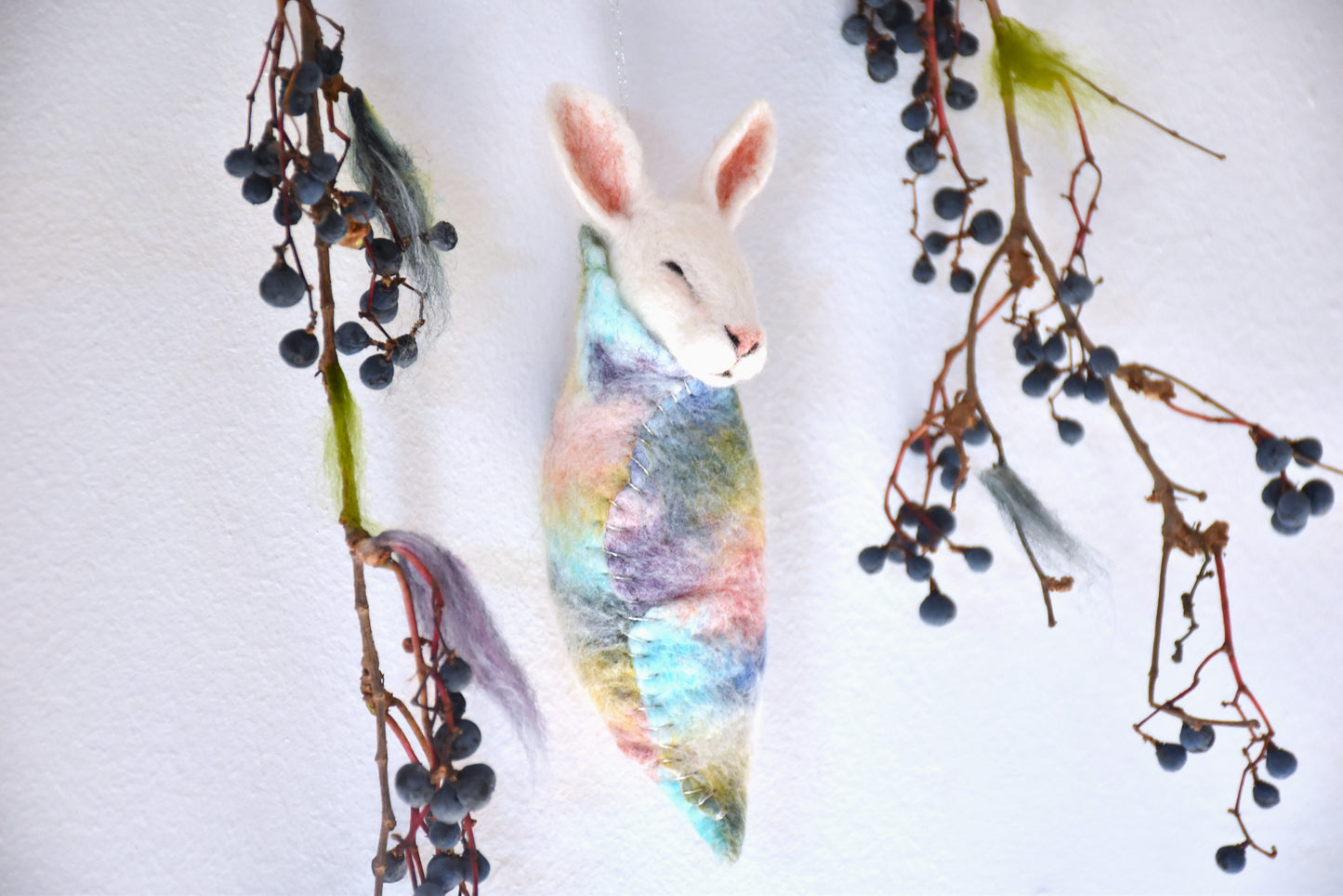 Needle Felted Bunny wrapped in blanket (Hang-able)