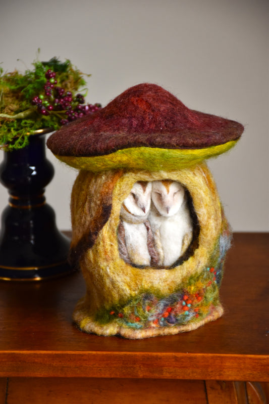 Needle Felted Couple of Barn Owls sleeping inside Mushroom