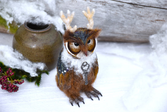 Needle Felted Owl with Antlers (Christmas Edition)