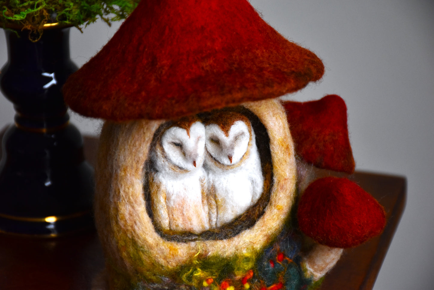 Needle Felted Couple of Barn Owls sleeping inside Mushroom