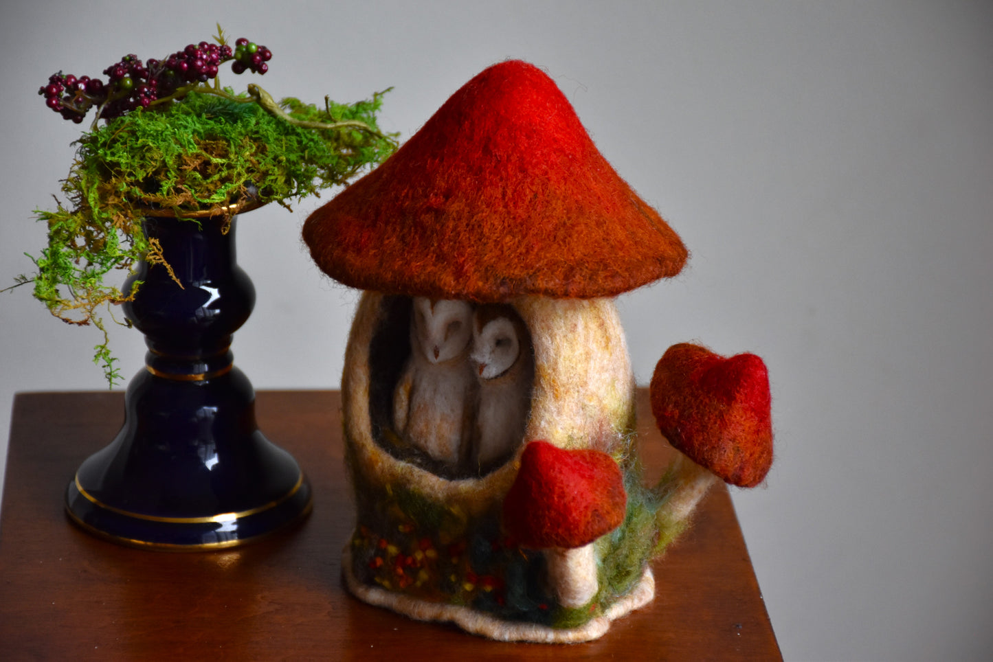 Needle Felted Couple of Barn Owls sleeping inside Mushroom