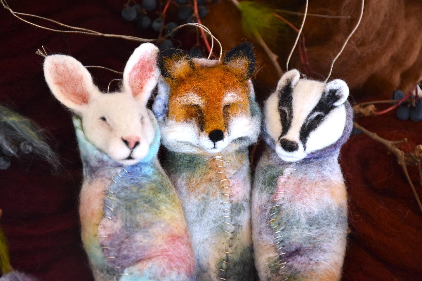 Needle Felted Baby Badger wrapped in blanket (Hang-able)