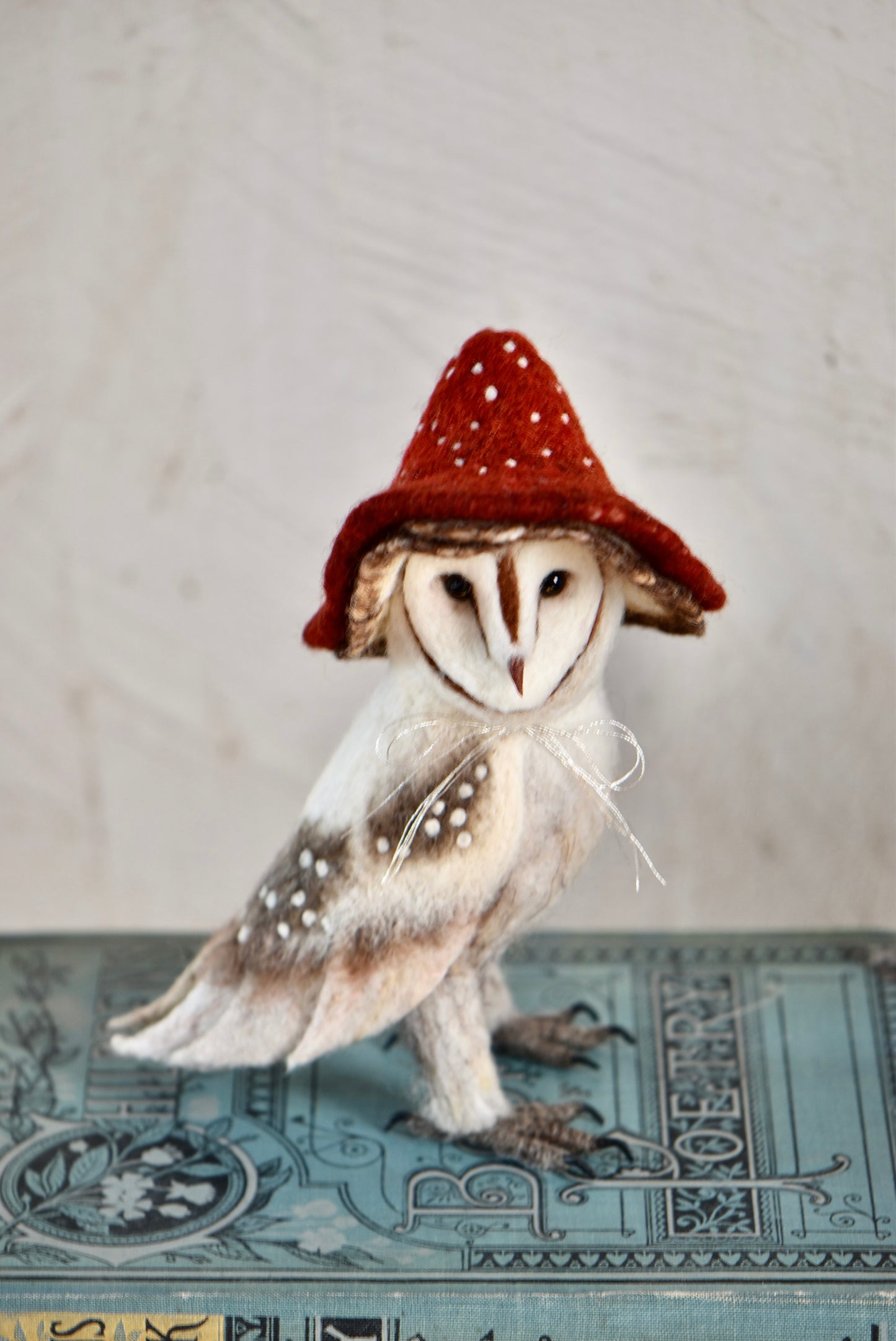 Needle Felted Barn Owl With Mushroom Hat