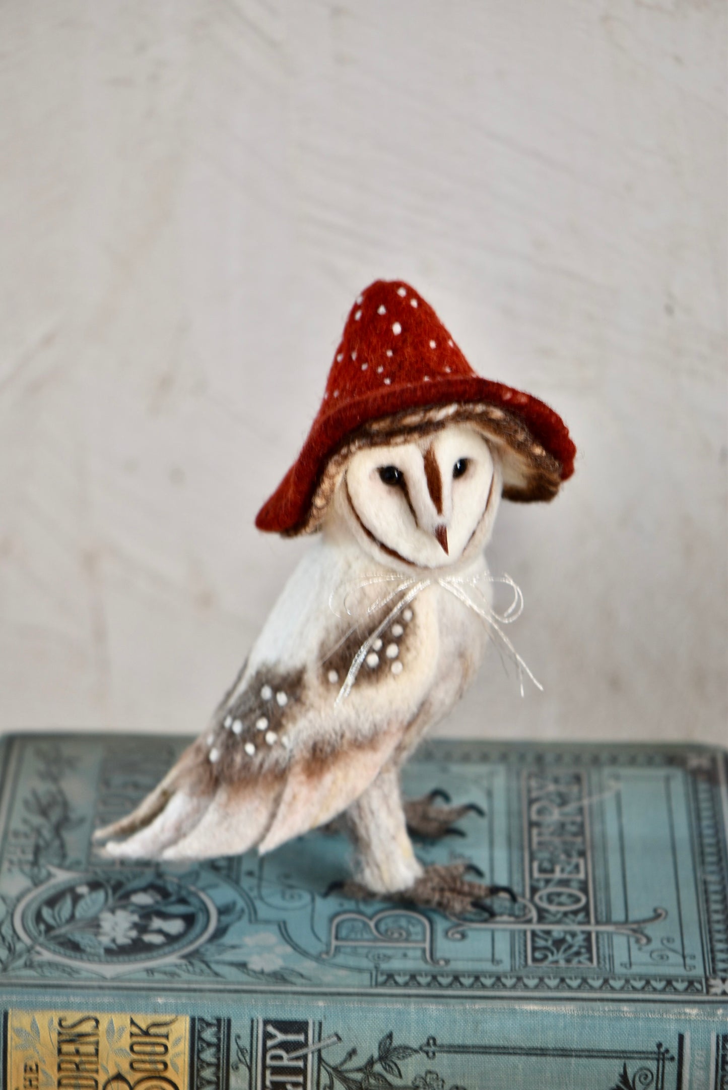 Needle Felted Barn Owl With Mushroom Hat