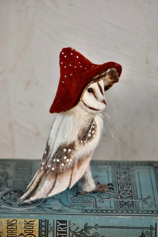 Needle Felted Barn Owl With Mushroom Hat