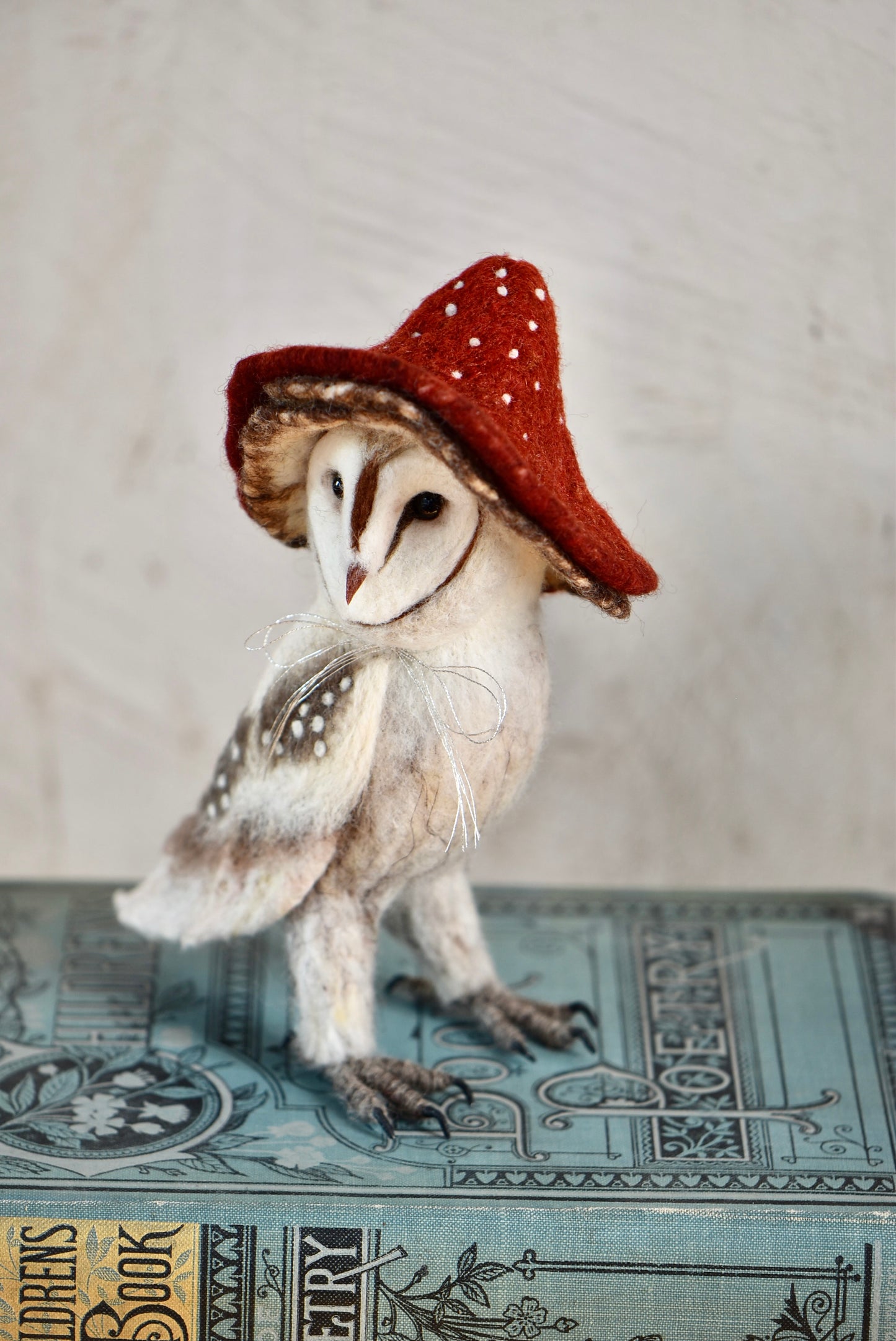 Needle Felted Barn Owl With Mushroom Hat