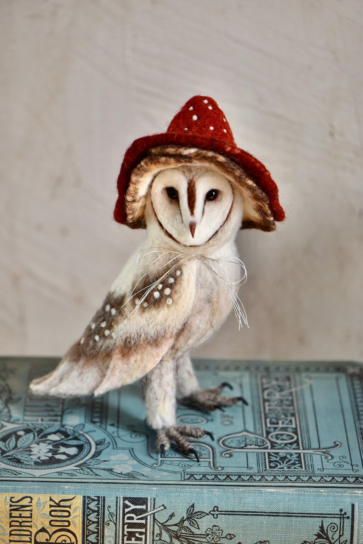 Needle Felted Barn Owl With Mushroom Hat
