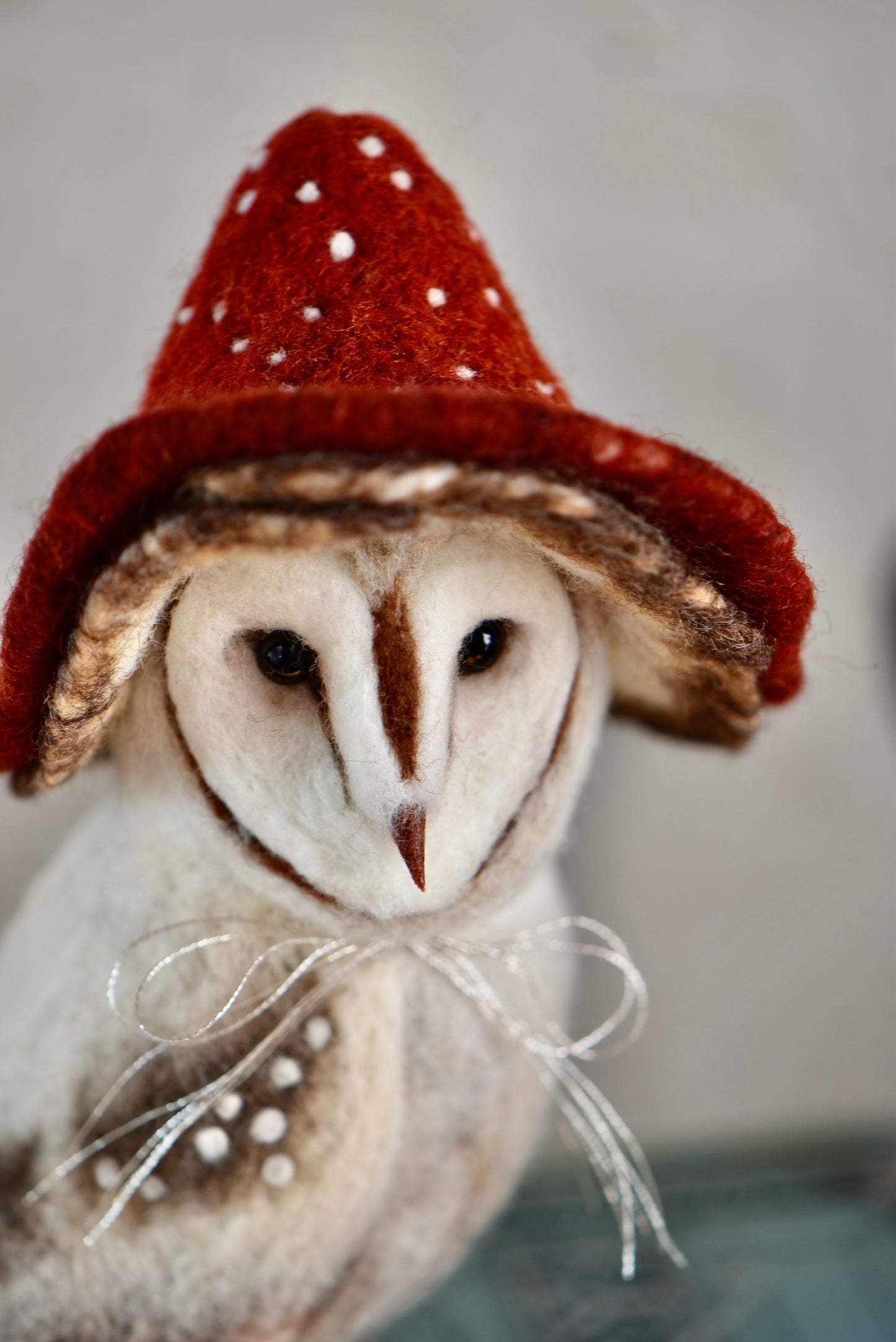 Needle Felted Barn Owl With Mushroom Hat