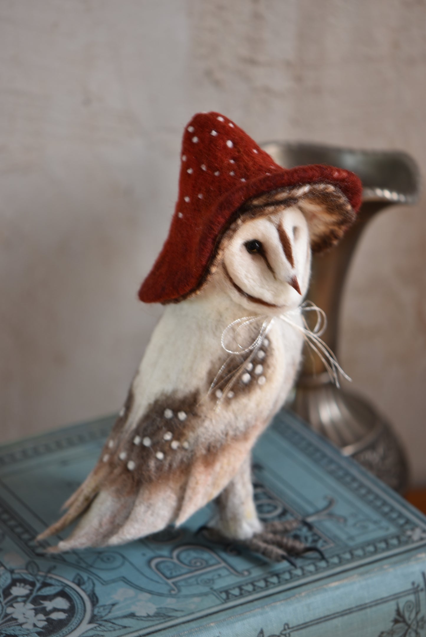 Needle Felted Barn Owl With Mushroom Hat