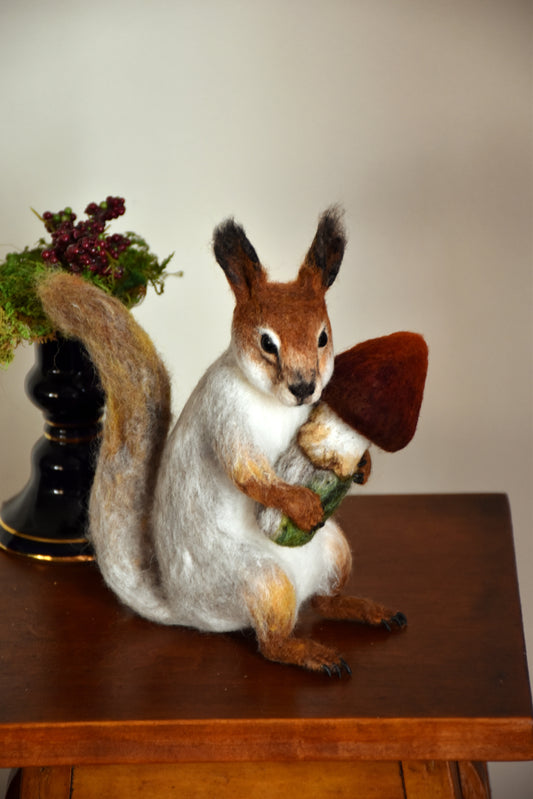 Needle Felted Friendly Squirrel with mushroom