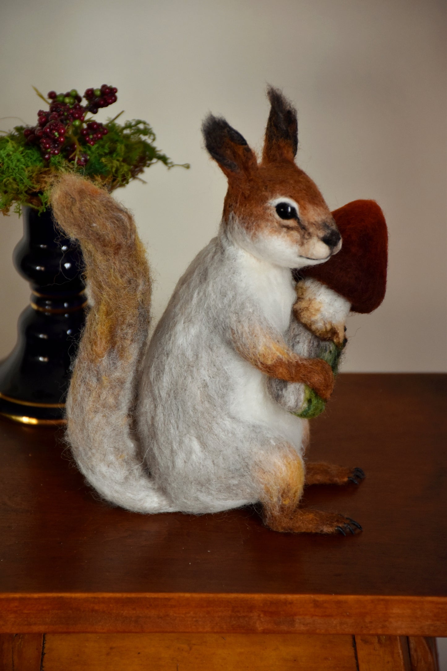 Needle Felted Friendly Squirrel with mushroom