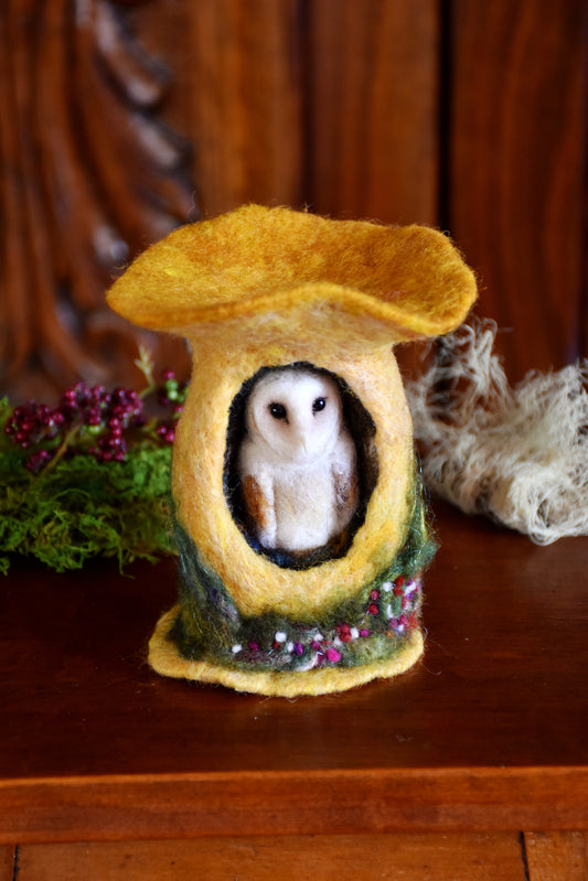 Needle Felted Barn Owl sleeping inside Mushroom